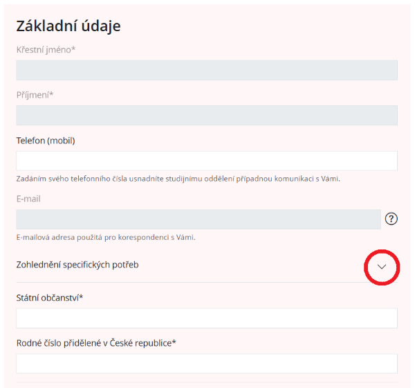 Snímek části elektronické přihlášky ke studiu