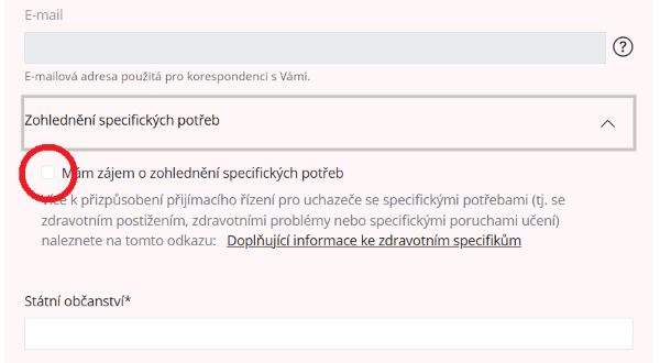 Snímek části elektronické přihlášky ke studiu