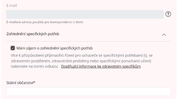 Snímek části elektronické přihlášky ke studiu